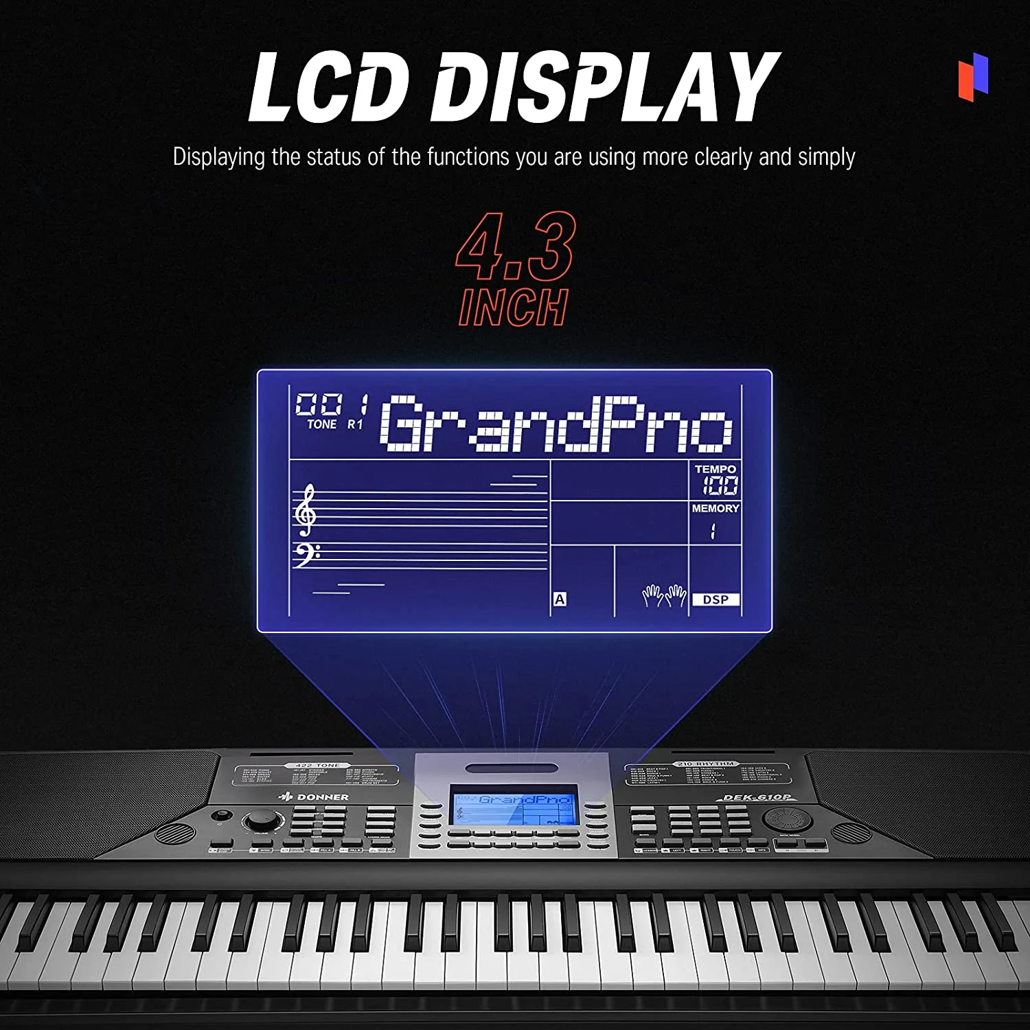 Donner DEK-610P 61 Key Full-Size Force-Sensitive Electronic Keyboard with MIDI Mixer Function LCD Display - Image 5