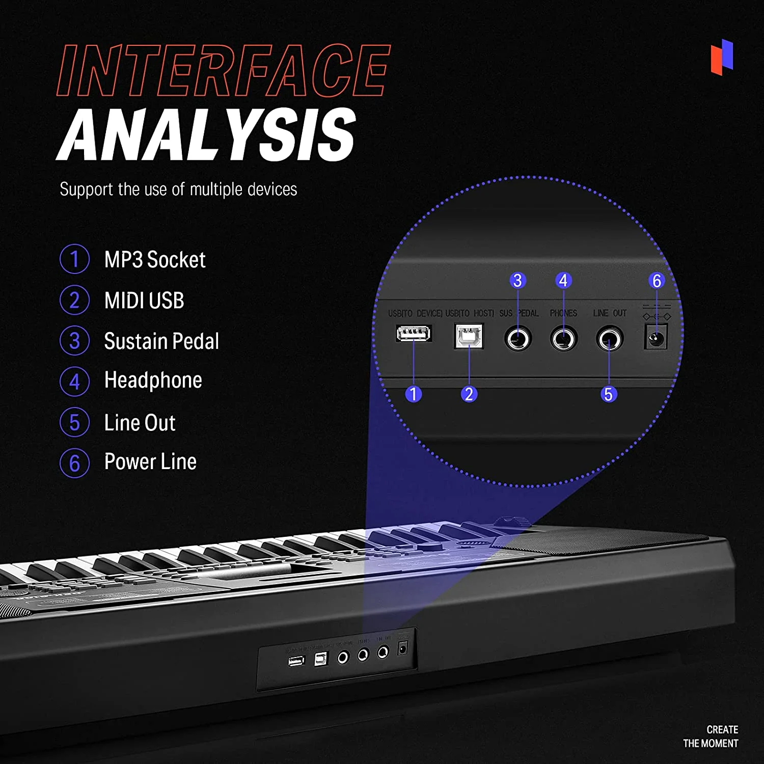 Donner DEK-610P 61 Key Full-Size Force-Sensitive Electronic Keyboard with MIDI Mixer Function LCD Display - Image 6