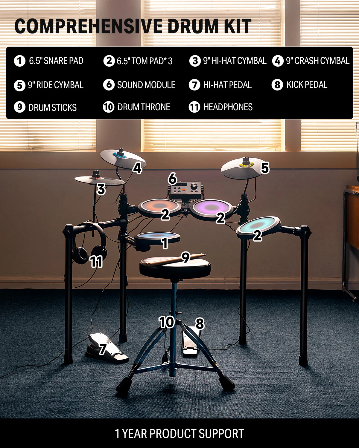 Donner DED-70L Electronic Drum Set with LED Light - Image 4