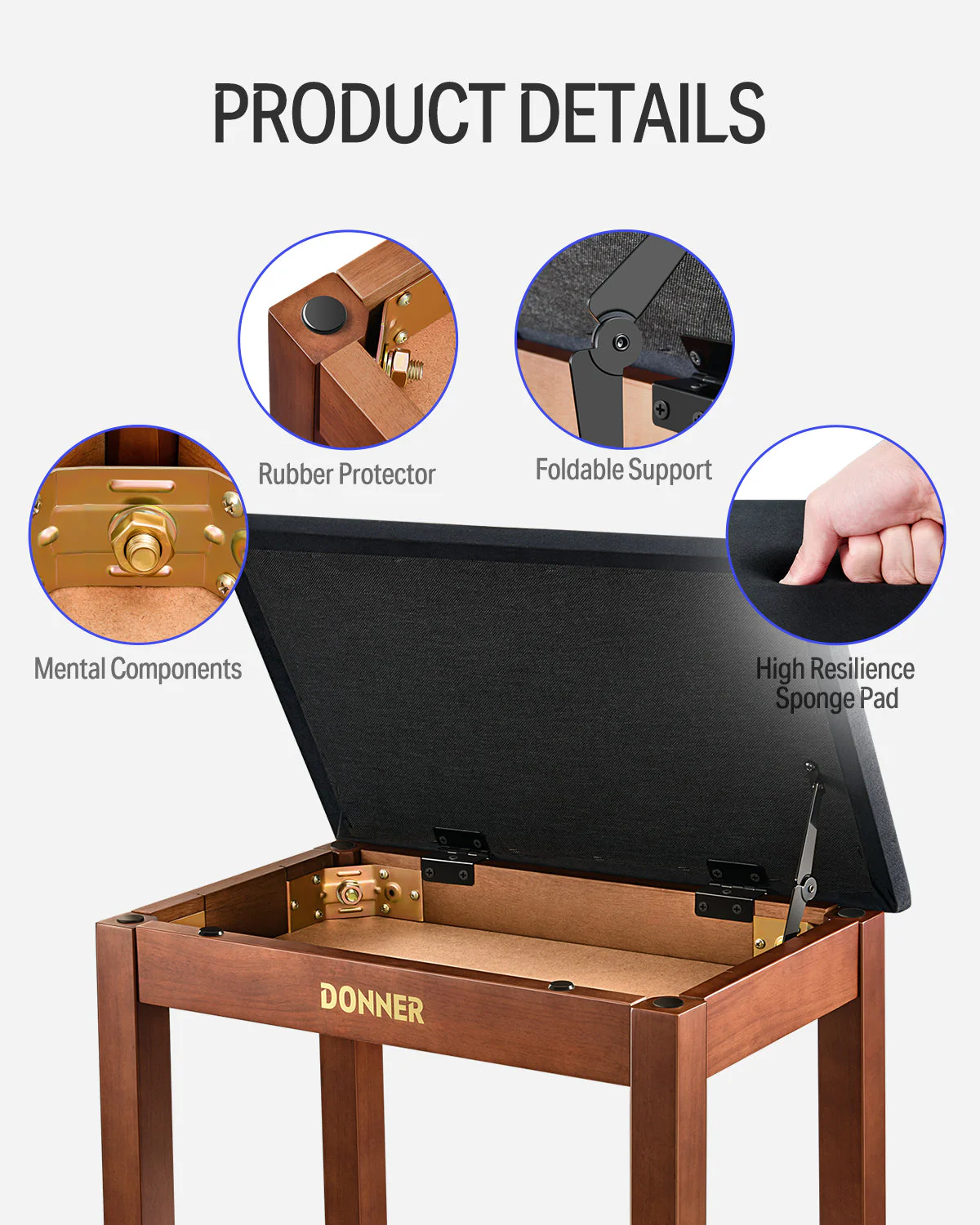 Donner DKB-10 Solid Wood Flip Piano Bench - Image 4