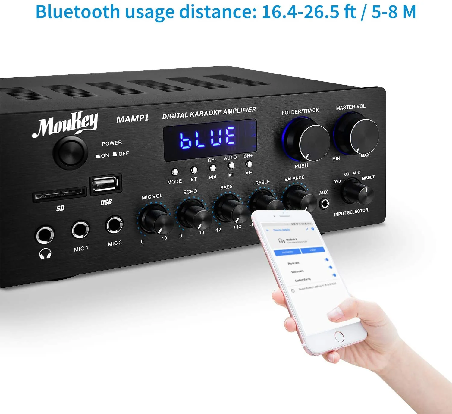 Moukey Bluetooth Power Amplifier System -  w/USB, SD, AUX, MIC in w/Echo, Radio, LED - for Home Theater Entertainment via RCA - Image 3