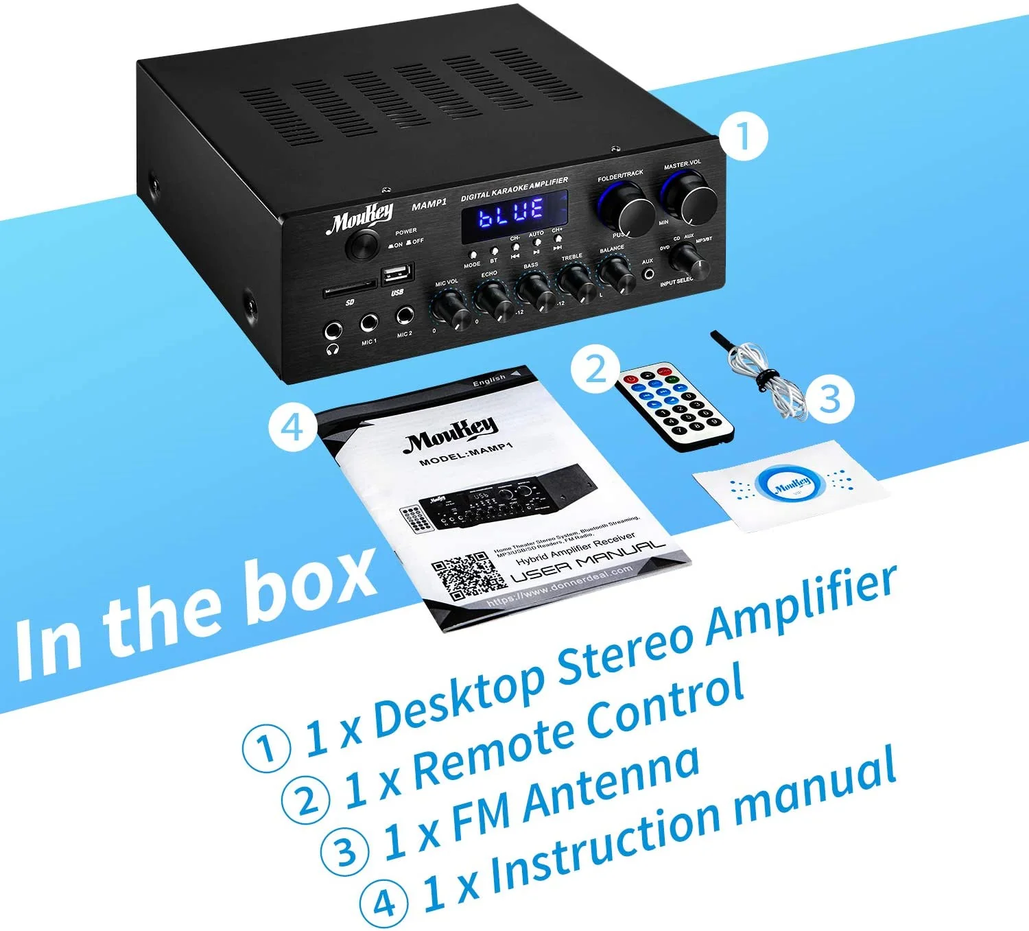 Moukey Bluetooth Power Amplifier System -  w/USB, SD, AUX, MIC in w/Echo, Radio, LED - for Home Theater Entertainment via RCA - Image 6
